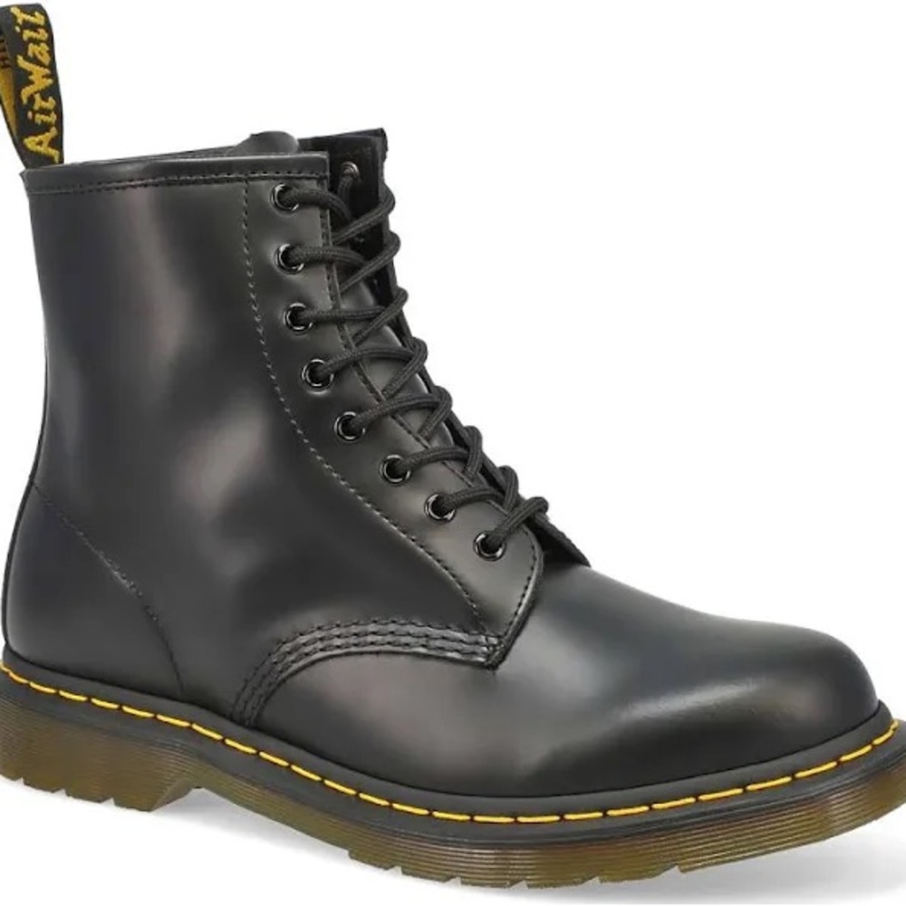 Doc Martens Black Leather 8-Eye Lace-Up Boot with Yellow Stitching
